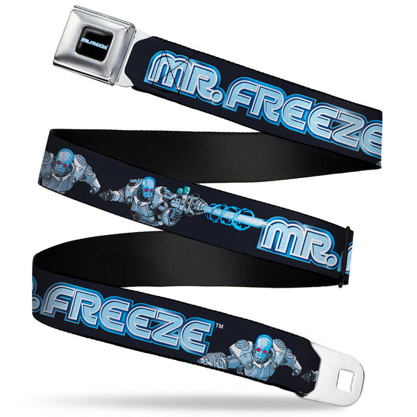 Buckle-Down MR. FREEZE Title Logo Full Color Black Seatbelt Belt - DC Batman Villain MR. FREEZE Poses and Title Logo Black/Blues Webbing