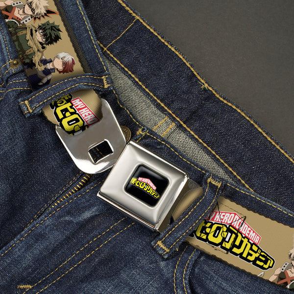 Buckle-Down MY HERO ACADEMIA Title Logo Full Color Black Seatbelt Belt - MY HERO ACADEMIA Character Trio Pose And Title Logo Tan Webbing