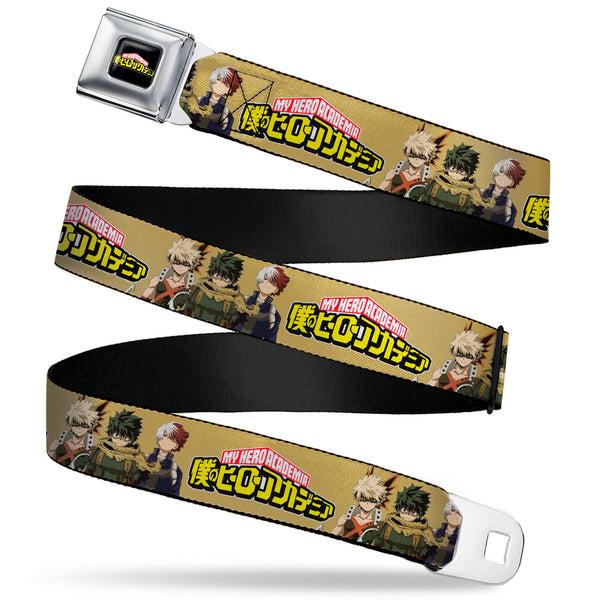 Buckle-Down MY HERO ACADEMIA Title Logo Full Color Black Seatbelt Belt - MY HERO ACADEMIA Character Trio Pose and Title Logo Tan Webbing
