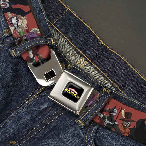 Buckle-Down MY HERO ACADEMIA Title Logo Full Color Black Seatbelt Belt - My Hero Academia Villains Group Pose Red Webbing