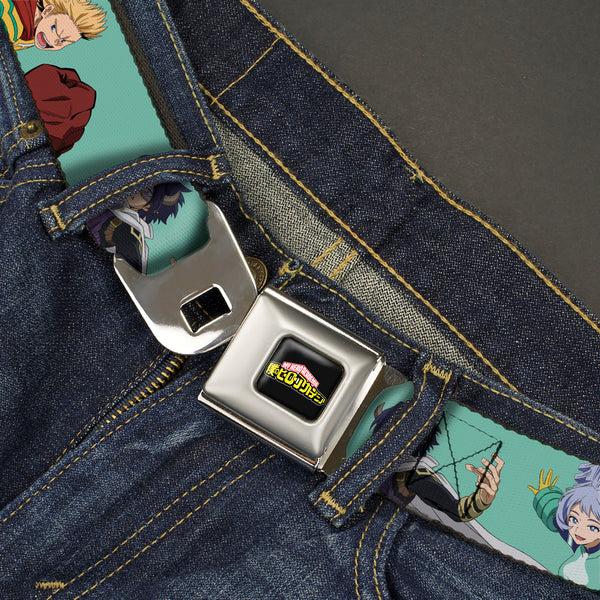 Buckle-Down MY HERO ACADEMIA Title Logo Full Color Black Seatbelt Belt - My Hero Academia The Big 3 Action Poses Light Blue Webbing