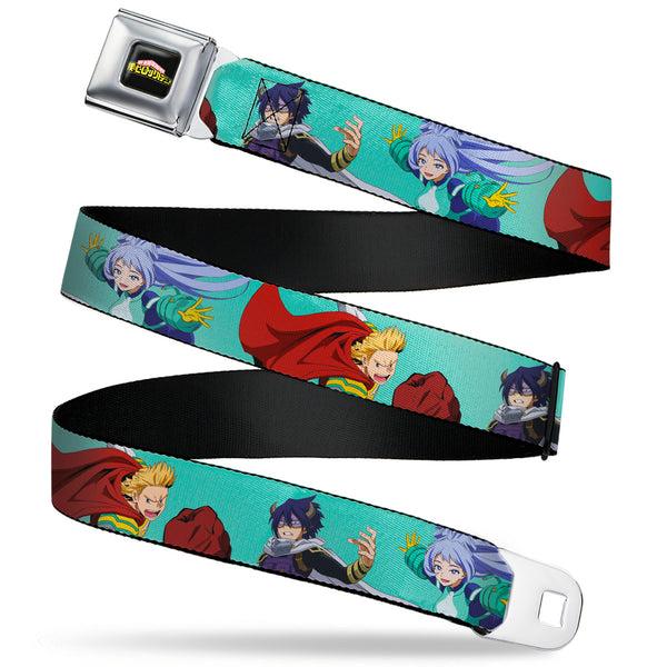 Buckle-Down MY HERO ACADEMIA Title Logo Full Color Black Seatbelt Belt - My Hero Academia The Big 3 Action Poses Light Blue Webbing