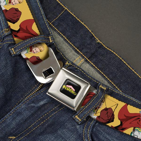 Buckle-Down MY HERO ACADEMIA Title Logo Full Color Black Seatbelt Belt - My Hero Academia Mirio Togata Upper Cut Pose Yellow Webbing