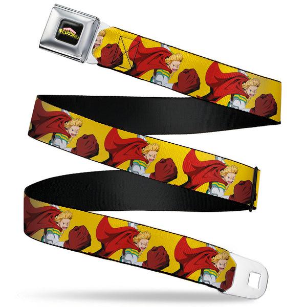 Buckle-Down MY HERO ACADEMIA Title Logo Full Color Black Seatbelt Belt - My Hero Academia Mirio Togata Upper Cut Pose Yellow Webbing
