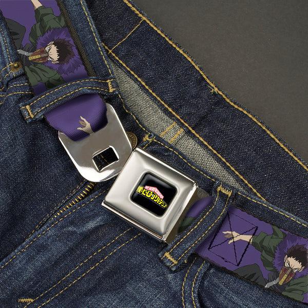Buckle-Down MY HERO ACADEMIA Title Logo Full Color Black Seatbelt Belt - My Hero Academia Kai Chisaki Action Pose Purple Webbing