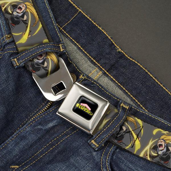 Buckle-Down MY HERO ACADEMIA Title Logo Full Color Black Seatbelt Belt - My Hero Academia Hizashi Yamada Present Mic Screaming Pose Gray Webbing