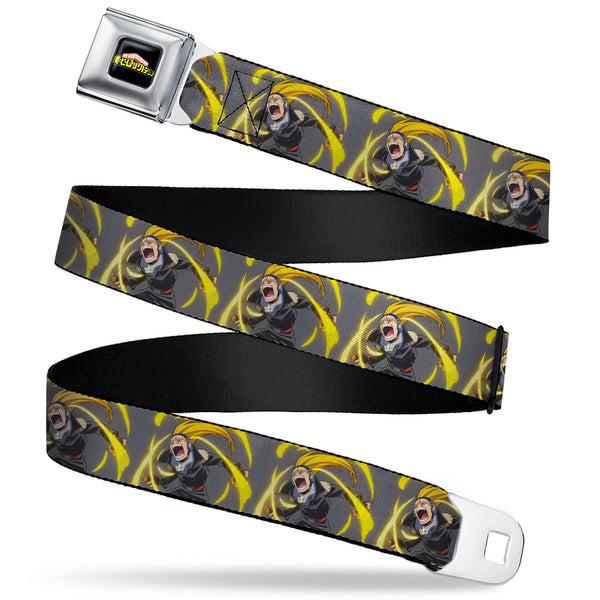 Buckle-Down MY HERO ACADEMIA Title Logo Full Color Black Seatbelt Belt - My Hero Academia Hizashi Yamada Present Mic Screaming Pose Gray Webbing