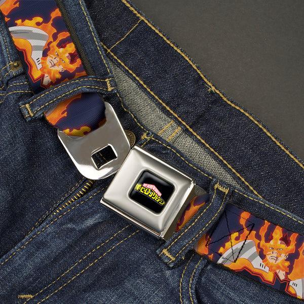 Buckle-Down MY HERO ACADEMIA Title Logo Full Color Black Seatbelt Belt - My Hero Academia Flame Hero Endeavor Pose Blue Webbing