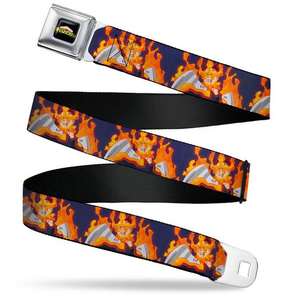 Buckle-Down MY HERO ACADEMIA Title Logo Full Color Black Seatbelt Belt - My Hero Academia Flame Hero Endeavor Pose Blue Webbing