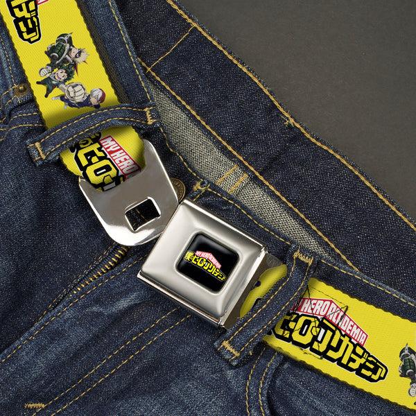 Buckle-Down MY HERO ACADEMIA Title Logo Full Color Black Seatbelt Belt - MY HERO ACADEMIA Character Trio Pose And Title Logo Yellow Webbing