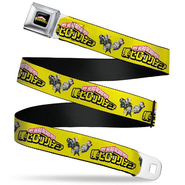 Buckle-Down MY HERO ACADEMIA Title Logo Full Color Black Seatbelt Belt - MY HERO ACADEMIA Character Trio Pose and Title Logo Yellow Webbing