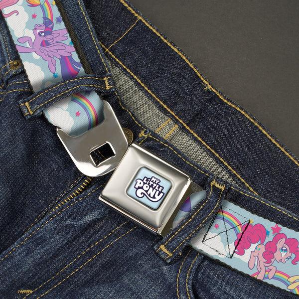Buckle-Down My Little Pony 4-Pony Group Pose And Rainbows Full Color Sky Blue Seatbelt Belt - MY LITTLE PONY Title Logo Full Color Sky Blue Webbing