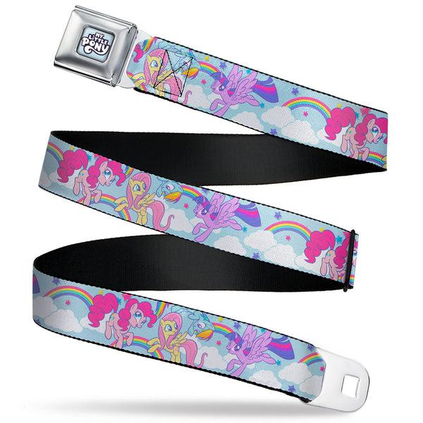 Buckle-Down My Little Pony 4-Pony Group Pose and Rainbows Full Color Sky Blue Seatbelt Belt - MY LITTLE PONY Title Logo Full Color Sky Blue Webbing