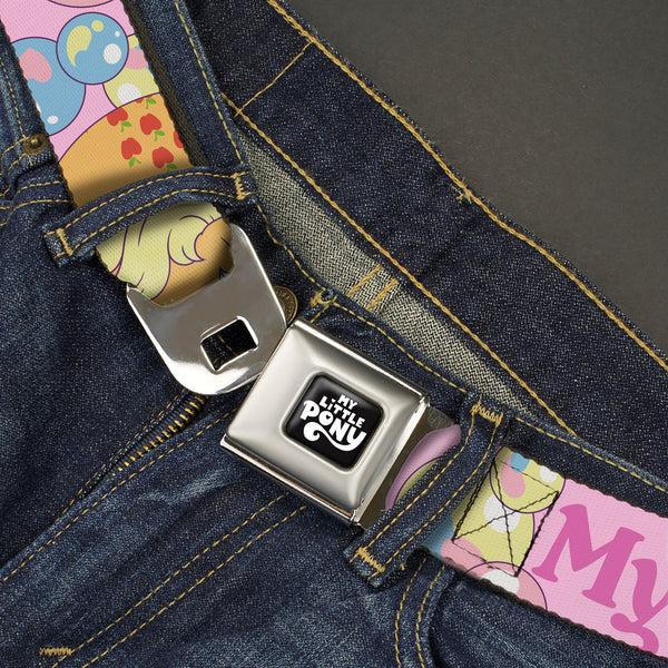 Buckle-Down MY LITTLE PONY Title Logo Full Color Black/Purple/White Seatbelt Belt - MY LITTLE PONY Two Pony Sunshine Bubbles And Title Logo Pink/Multi Color Webbing