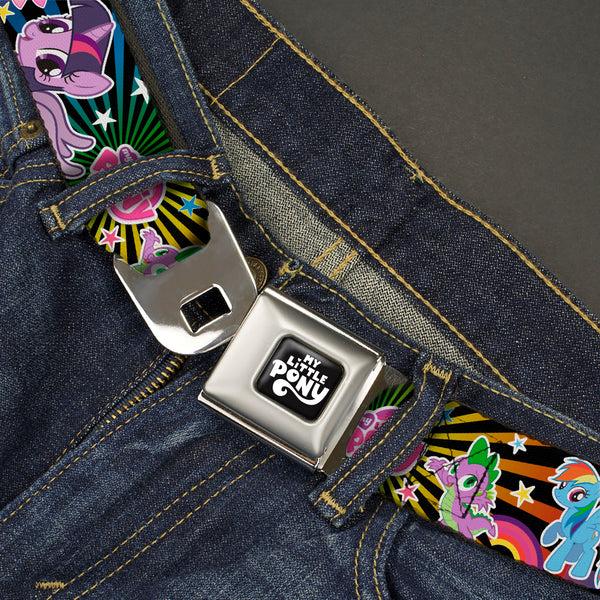 Buckle-Down MY LITTLE PONY Title Logo Full Color Black/Purple/White Seatbelt Belt - My Little Pony Three Ponies And Spike Poses And Rays Black/Multi Color Webbing
