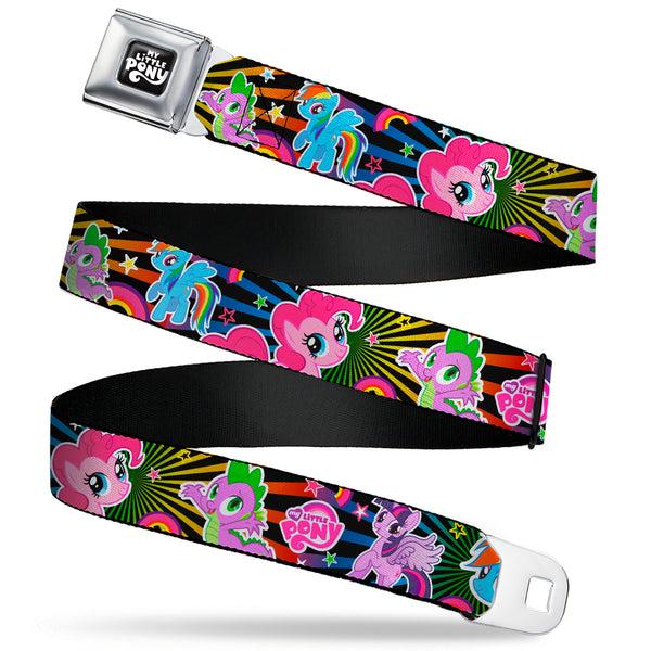 Buckle-Down MY LITTLE PONY Title Logo Full Color Black/Purple/White Seatbelt Belt - My Little Pony Three Ponies and Spike Poses and Rays Black/Multi Color Webbing