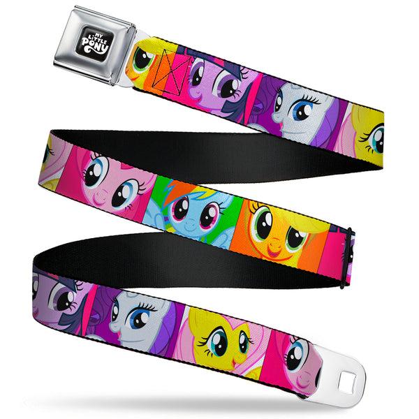 Buckle-Down MY LITTLE PONY Title Logo Full Color Black/Purple/White Seatbelt Belt - My Little Pony Mane Six Close-Up Face Blocks Multi Color Webbing