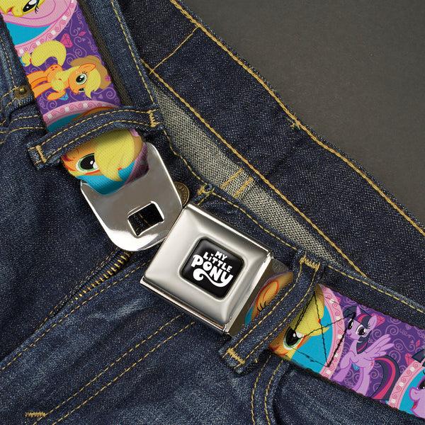 Buckle-Down MY LITTLE PONY Title Logo Full Color Black/Purple/White Seatbelt Belt - My Little Pony Mane Six Close-Up Faces And Poses Purples/Pinks Webbing