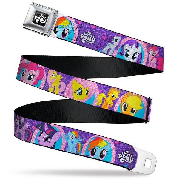 Buckle-Down MY LITTLE PONY Title Logo Full Color Black/Purple/White Seatbelt Belt - My Little Pony Mane Six Close-Up Faces and Poses Purples/Pinks Webbing