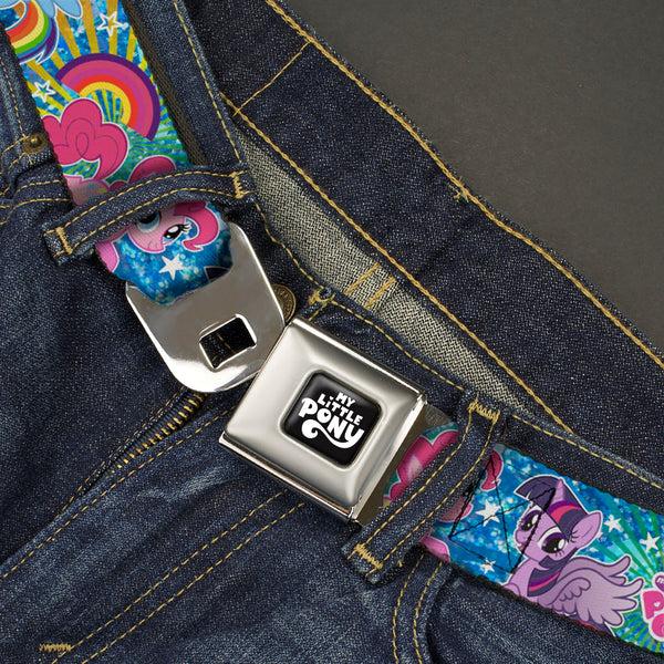 Buckle-Down MY LITTLE PONY Title Logo Full Color Black/Purple/White Seatbelt Belt - My Little Pony Three Ponies And Spike Pose Rainbows And Rays Blues/Multi Color Webbing