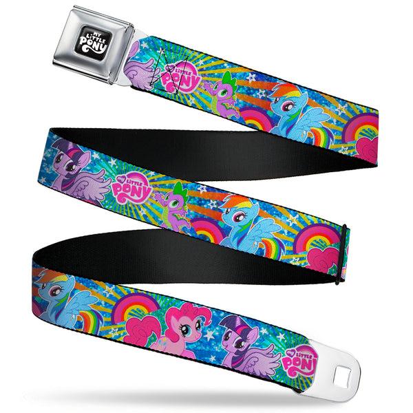 Buckle-Down MY LITTLE PONY Title Logo Full Color Black/Purple/White Seatbelt Belt - My Little Pony Three Ponies and Spike Pose Rainbows and Rays Blues/Multi Color Webbing
