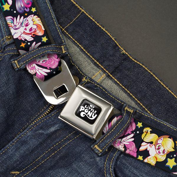 Buckle-Down MY LITTLE PONY Title Logo Full Color Black/Purple/White Seatbelt Belt - My Little Pony Five Retro Pony Action Pose Black/Multi Color Webbing