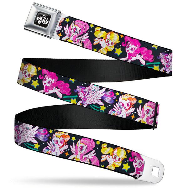 Buckle-Down MY LITTLE PONY Title Logo Full Color Black/Purple/White Seatbelt Belt - My Little Pony Five Retro Pony Action Pose Black/Multi Color Webbing
