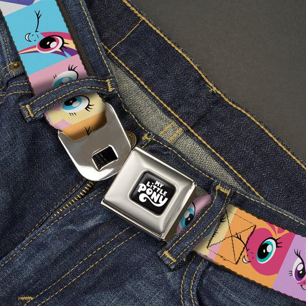 Buckle-Down MY LITTLE PONY Title Logo Full Color Black/Purple/White Seatbelt Belt - My Little Pony Mane Six Cutie Mark Expression Blocks Multi Color Webbing