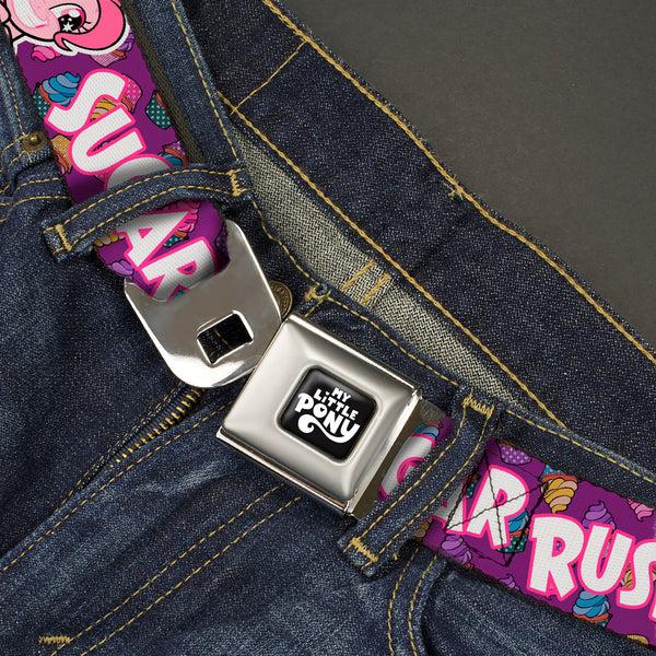 Buckle-Down MY LITTLE PONY Title Logo Full Color Black/Purple/White Seatbelt Belt - My Little Pony Pinkie Pie And Rainbow Dash SUGAR RUSH Pose Purple Webbing