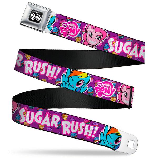 Buckle-Down MY LITTLE PONY Title Logo Full Color Black/Purple/White Seatbelt Belt - My Little Pony Pinkie Pie and Rainbow Dash SUGAR RUSH Pose Purple Webbing