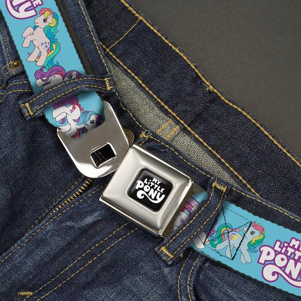 Buckle-Down MY LITTLE PONY Title Logo Full Color Black/Purple/White Seatbelt Belt - MY LITTLE PONY Three Pony Rainbow Poses And Title Logo Blue/Multi Color Webbing