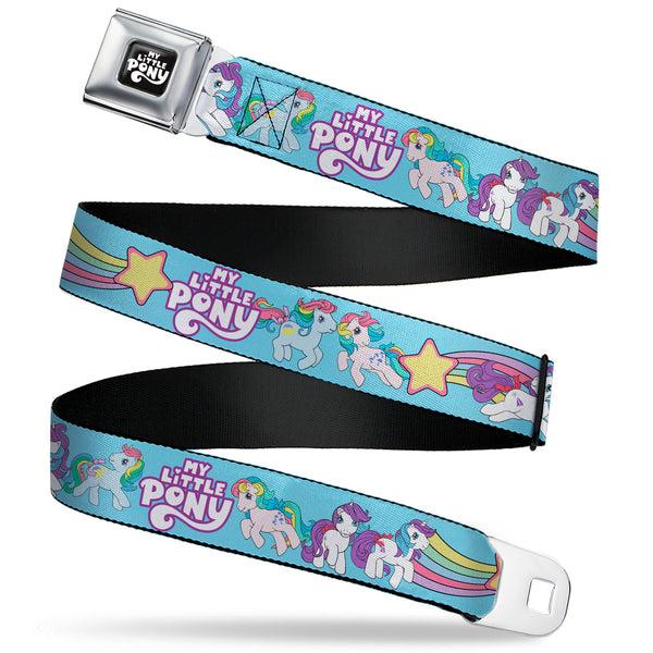 Buckle-Down MY LITTLE PONY Title Logo Full Color Black/Purple/White Seatbelt Belt - MY LITTLE PONY Three Pony Rainbow Poses and Title Logo Blue/Multi Color Webbing
