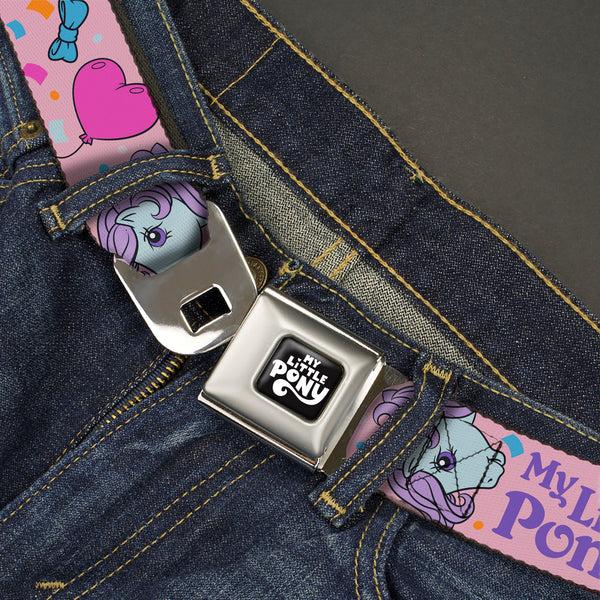 Buckle-Down MY LITTLE PONY Title Logo Full Color Black/Purple/White Seatbelt Belt - MY LITTLE PONY Three Pony Confetti Party And Title Logo Pink/Multi Color Webbing