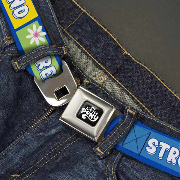 Buckle-Down MY LITTLE PONY Title Logo Full Color Black/Purple/White Seatbelt Belt - MY LITTLE PONY Three Ponies Trait Text Blocks Blue/Multi Color Webbing