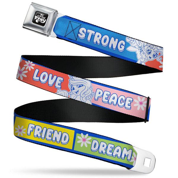 Buckle-Down MY LITTLE PONY Title Logo Full Color Black/Purple/White Seatbelt Belt - MY LITTLE PONY Three Ponies Trait Text Blocks Blue/Multi Color Webbing