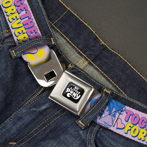 Buckle-Down MY LITTLE PONY Title Logo Full Color Black/Purple/White Seatbelt Belt - MY LITTLE PONY Three Ponies TOGETHER FOREVER Multi Color Webbing