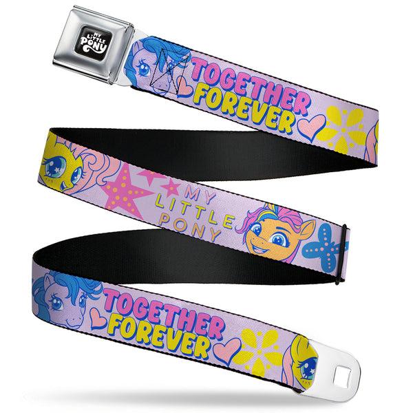 Buckle-Down MY LITTLE PONY Title Logo Full Color Black/Purple/White Seatbelt Belt - MY LITTLE PONY Three Ponies TOGETHER FOREVER Multi Color Webbing