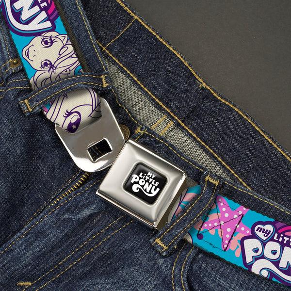 Buckle-Down MY LITTLE PONY Title Logo Full Color Black/Purple/White Seatbelt Belt - MY LITTLE PONY Pony Faces Flowers And Title Logo Blue/Pinks/White Webbing