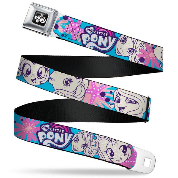 Buckle-Down MY LITTLE PONY Title Logo Full Color Black/Purple/White Seatbelt Belt - MY LITTLE PONY Pony Faces Flowers and Title Logo Blue/Pinks/White Webbing