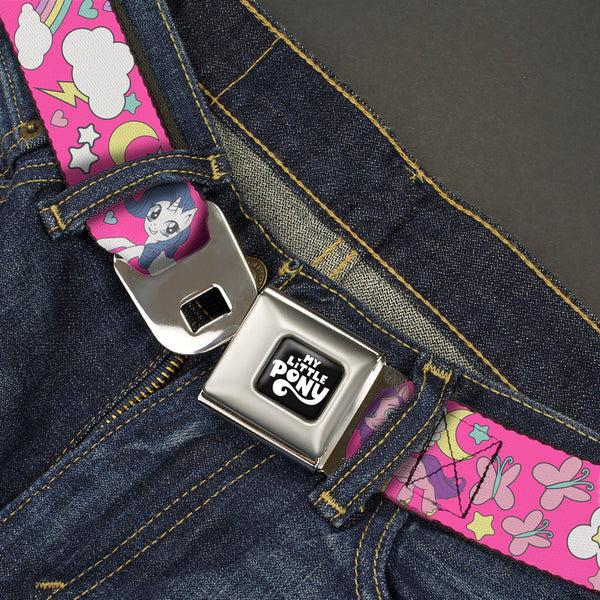 Buckle-Down MY LITTLE PONY Title Logo Full Color Black/Purple/White Seatbelt Belt - My Little Pony Four Ponies And Cutie Marks Collage Pink/Multi Color Webbing