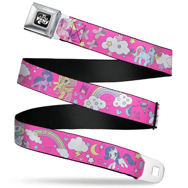 Buckle-Down MY LITTLE PONY Title Logo Full Color Black/Purple/White Seatbelt Belt - My Little Pony Four Ponies and Cutie Marks Collage Pink/Multi Color Webbing