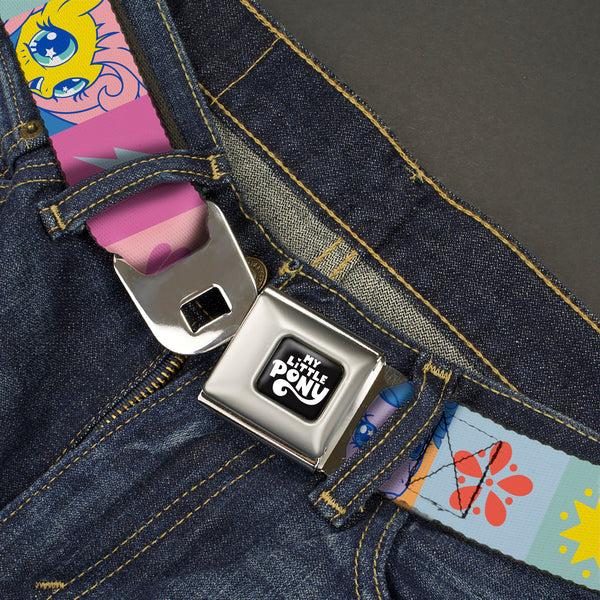 Buckle-Down MY LITTLE PONY Title Logo Full Color Black/Purple/White Seatbelt Belt - My Little Pony Faces And Cutie Mark Blocks Multi Color Webbing