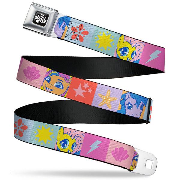 Buckle-Down MY LITTLE PONY Title Logo Full Color Black/Purple/White Seatbelt Belt - My Little Pony Faces and Cutie Mark Blocks Multi Color Webbing