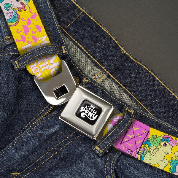 Buckle-Down MY LITTLE PONY Title Logo Full Color Black/Purple/White Seatbelt Belt - MON PETIT PONEY Two Ponies And Cutie Marks Collage Yellow/Pink Webbing