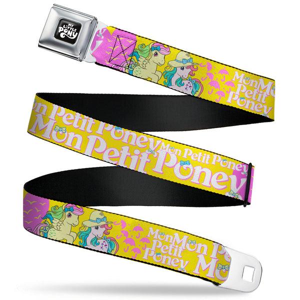 Buckle-Down MY LITTLE PONY Title Logo Full Color Black/Purple/White Seatbelt Belt - MON PETIT PONEY Two Ponies and Cutie Marks Collage Yellow/Pink Webbing