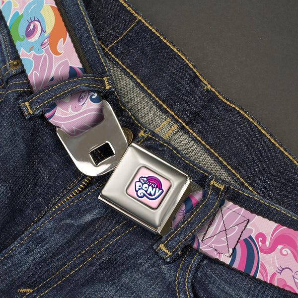 Buckle-Down MY LITTLE PONY Title Logo Full Color Pink/White Seatbelt Belt - My Litlle Pony Five Pony Poses Pink Webbing