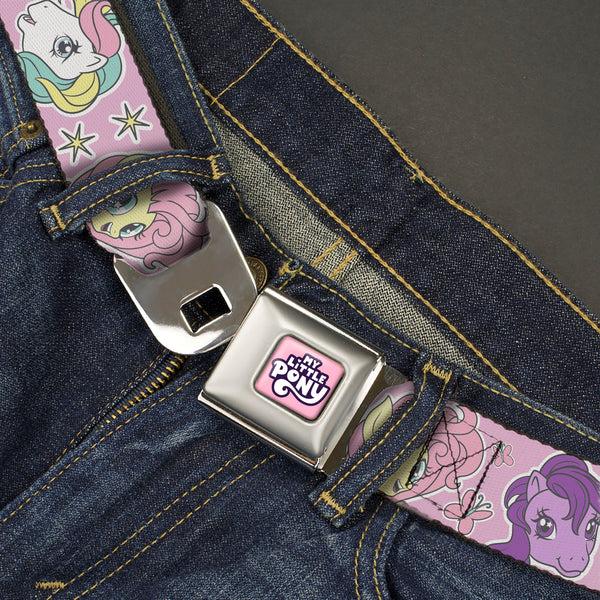 Buckle-Down MY LITTLE PONY Title Logo Full Color Pinks/Purples/White Seatbelt Belt - My Little Pony Generations Five Pony Faces And Cutie Marks Pink Webbing