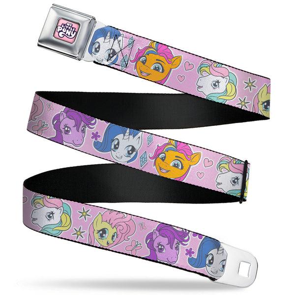 Buckle-Down MY LITTLE PONY Title Logo Full Color Pinks/Purples/White Seatbelt Belt - My Little Pony Generations Five Pony Faces and Cutie Marks Pink Webbing