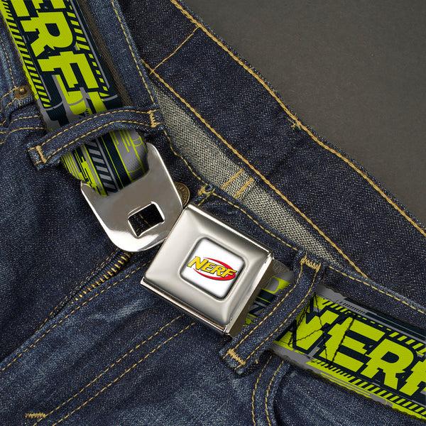 Buckle-Down NERF Logo Full Color White/Red/Yellow Seatbelt Belt - NERF Text Glitch Logo Gray/Yellow/Black Webbing