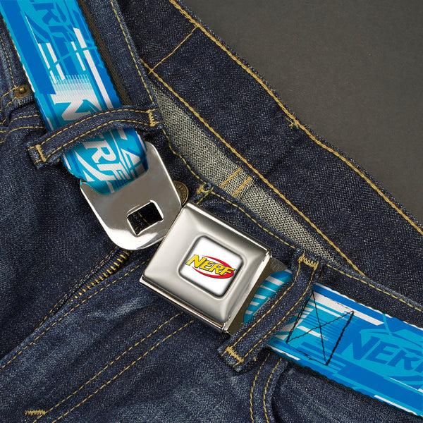 Buckle-Down NERF Logo Full Color White/Red/Yellow Seatbelt Belt - NERF Logo Streaks Blues/White Webbing